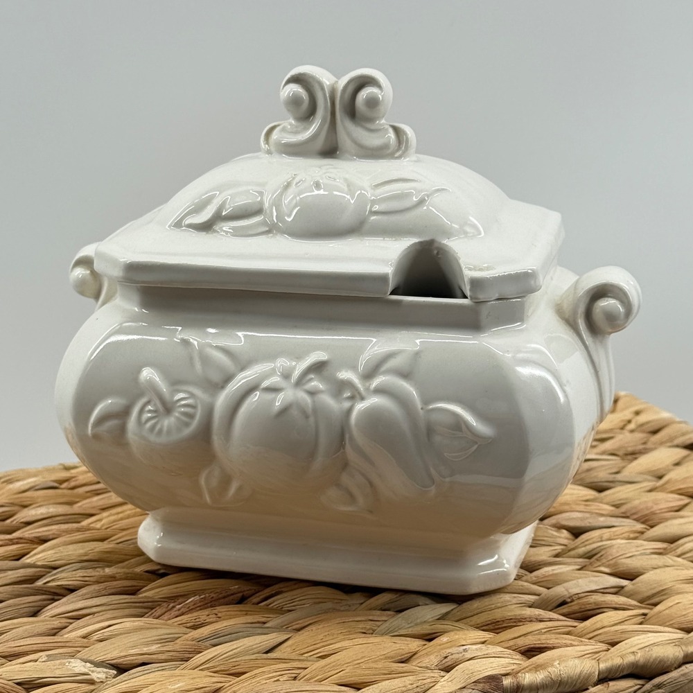 Vintage Ceramic Soup Gravy Tureen with Lid Ladle Cutout Embossed Farmhouse